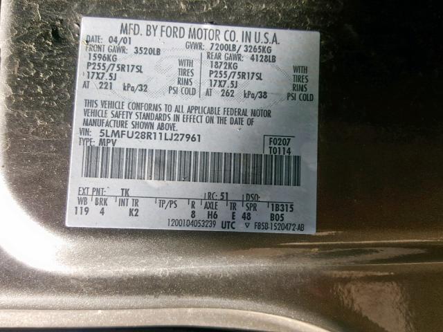 5LMFU28R11LJ27961 - 2001 LINCOLN NAVIGATOR 金色 照片 10