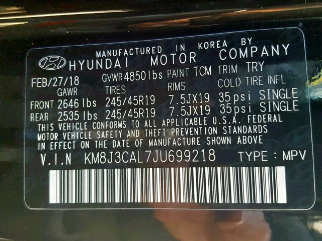 KM8J3CAL7JU699218 - 2018 HYUNDAI TUCSON SPO BLACK photo 10