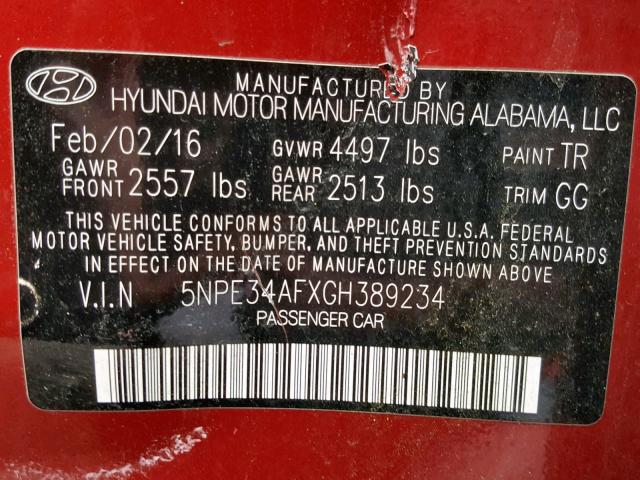 5NPE34AFXGH389234 - 2016 HYUNDAI SONATA SPO RED photo 10