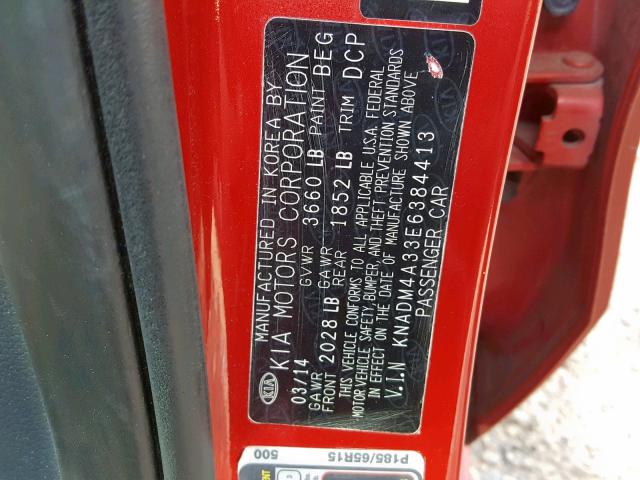 KNADM4A33E6384413 - 2014 KIA RIO LX RED photo 10