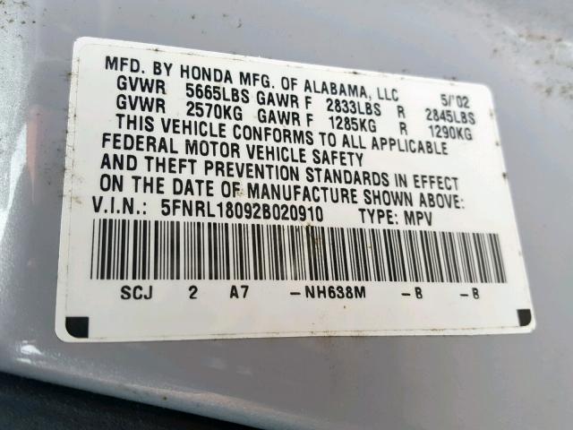 5FNRL18092B020910 - 2002 HONDA ODYSSEY EX SILVER photo 10