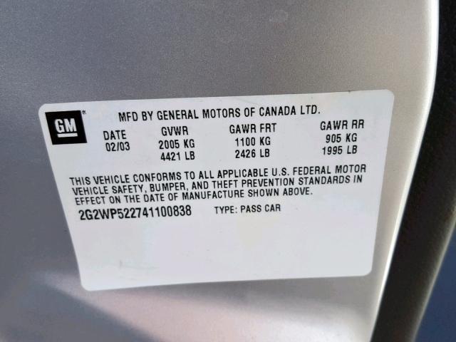 2G2WP522741100838 - 2004 PONTIAC GRAND PRIX 灰色 照片 10