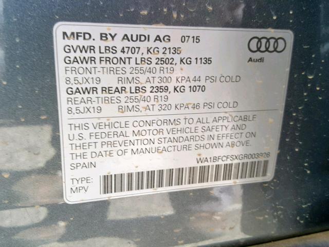 WA1BFCFSXGR003926 - 2016 AUDI Q3 PREMIUM GRAY photo 10