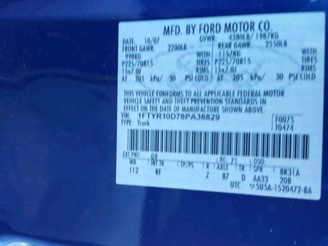 1FTYR10D78PA38829 - 2008 FORD RANGER BLUE photo 10