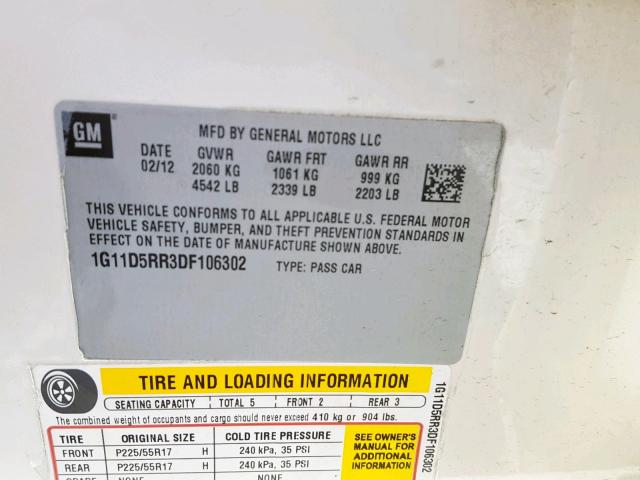 1G11D5RR3DF106302 - 2013 CHEVROLET MALIBU 1LT 白色 照片 10