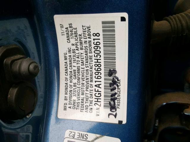 2HGFA16968H509618 - 2008 HONDA CIVIC EXL BLUE photo 10