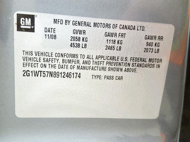 2G1WT57N891246174 - 2009 CHEVROLET IMPALA 1LT GRAY photo 10