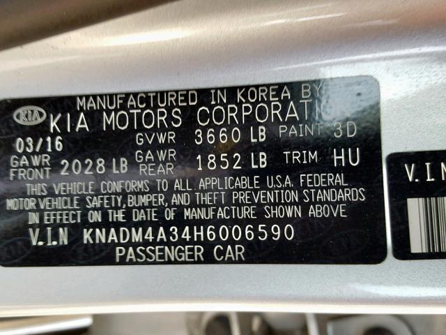 KNADM4A34H6006590 - 2017 KIA RIO LX SILVER photo 10