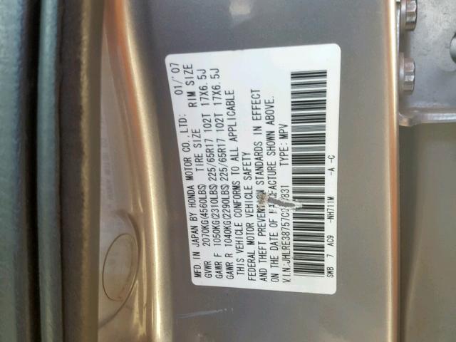 JHLRE38757C030831 - 2007 HONDA CR-V EXL SILVER photo 10