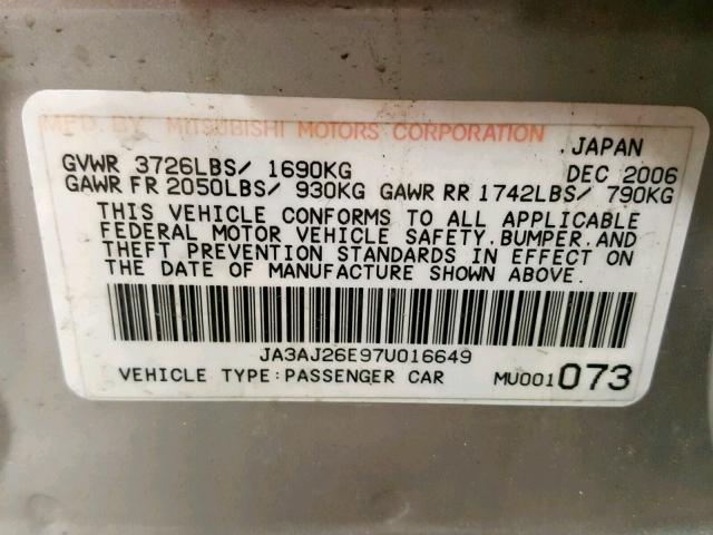 JA3AJ26E97U016649 - 2007 MITSUBISHI LANCER ES SILVER photo 10