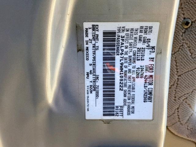 3FALP67L9WM108222 - 1998 FORD CONTOUR SE SILVER photo 10