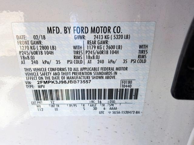 2FMPK3J98JBB73557 - 2018 FORD EDGE SEL WHITE photo 10