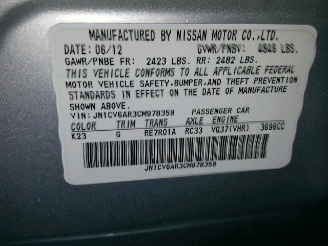 JN1CV6AR3CM978359 - 2012 INFINITI G37 SILVER photo 10