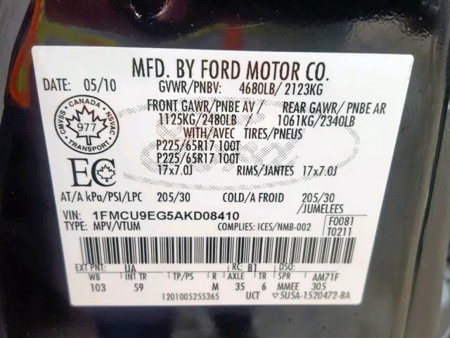 1FMCU9EG5AKD08410 - 2010 FORD ESCAPE LIM BLACK photo 10