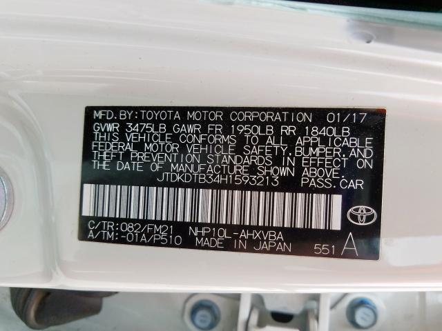 JTDKDTB34H1593213 - 2017 TOYOTA PRIUS C  photo 10