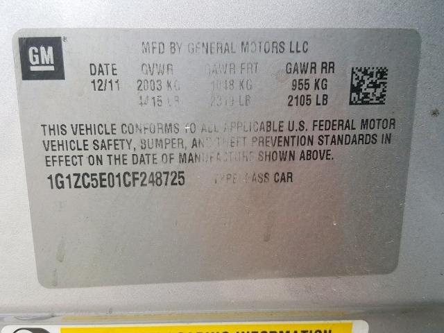 1G1ZC5E01CF248725 - 2012 CHEVROLET MALIBU 1LT SILVER photo 10