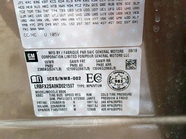 LRBFX2SA8KD021597 - 2019 BUICK ENVISION E BROWN photo 10