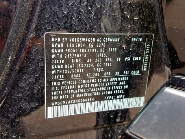 WVGUV7AX8HK006454 - 2017 VOLKSWAGEN TIGUAN SPO შავი ფოტო 10