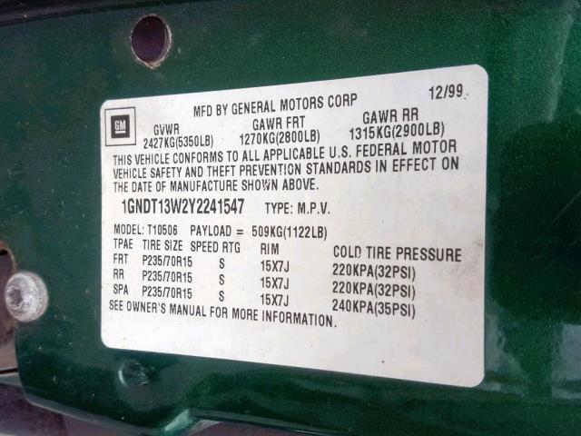 1GNDT13W2Y2241547 - 2000 CHEVROLET BLAZER GREEN photo 10