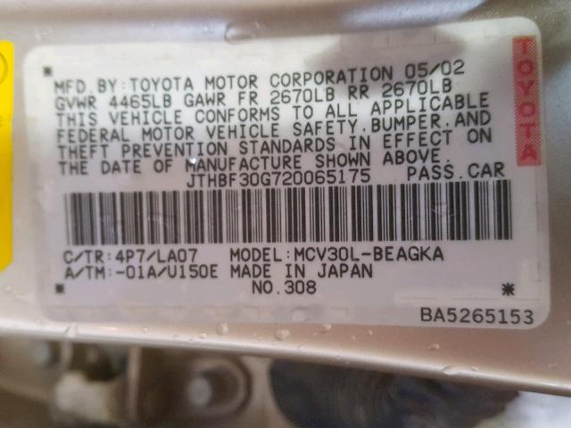 JTHBF30G720065175 - 2002 LEXUS ES 300 GOLD photo 10