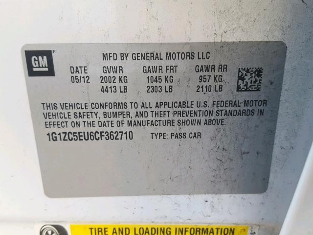 1G1ZC5EU6CF362710 - 2012 CHEVROLET MALIBU 1LT 白色 照片 10