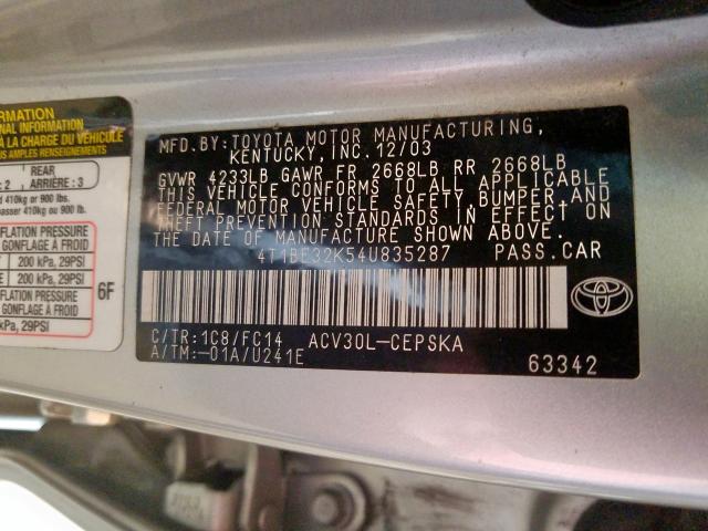 4T1BE32K54U835287 - 2004 TOYOTA CAMRY LE  photo 10