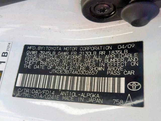 JTKDE3B74A0302657 - 2010 TOYOTA SCION TC თეთრი ფოტო 10