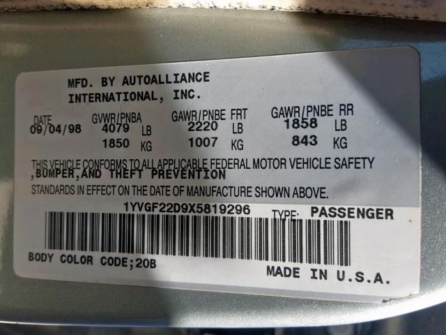 1YVGF22D9X5819296 - 1999 MAZDA 626 ES SILVER photo 10