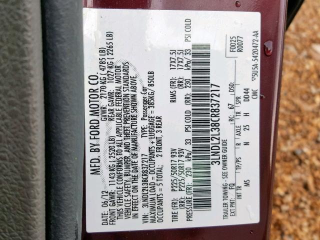 3LNDL2L38CR837217 - 2012 LINCOLN MKZ HYBRID BURGUNDY photo 10