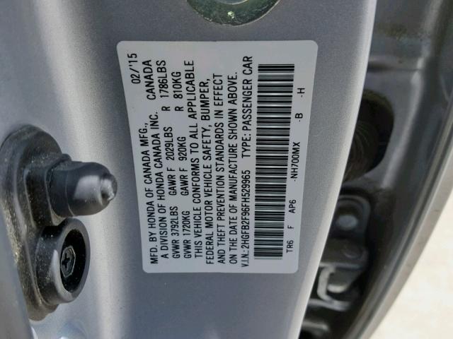 2HGFB2F96FH529965 - 2015 HONDA CIVIC EXL SILVER photo 10