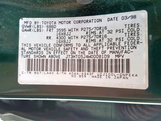 JT3HT05J4W0008109 - 1998 TOYOTA LAND CRUIS GREEN photo 10