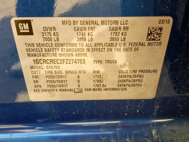 1GCRCREC2FZ274763 - 2015 CHEVROLET SILVERADO BLUE photo 10