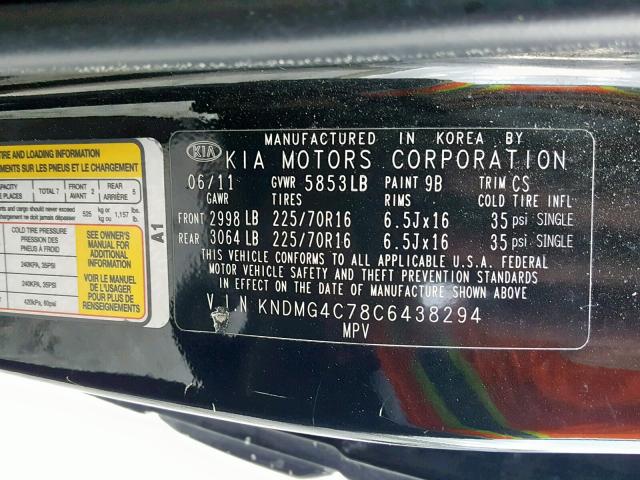 KNDMG4C78C6438294 - 2012 KIA SEDONA LX BLACK photo 10