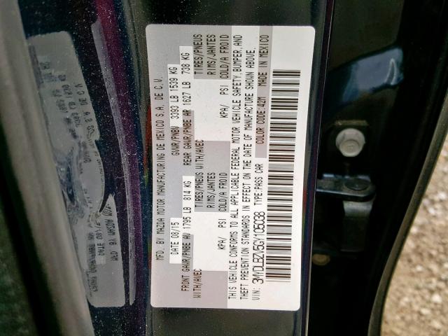 3MYDLBZV5GY105038 - 2016 TOYOTA SCION IA BLUE photo 10