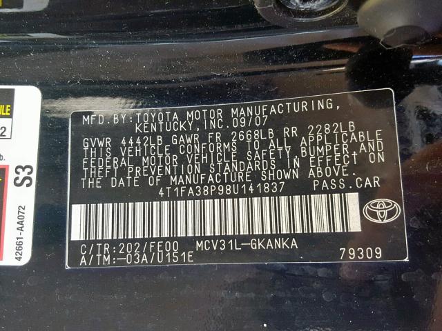 4T1FA38P98U141837 - 2008 TOYOTA CAMRY SOLA BLACK photo 10