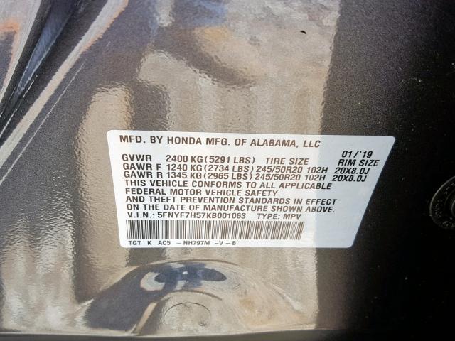 5FNYF7H57KB001063 - 2019 HONDA PASSPORT E 灰色 照片 10