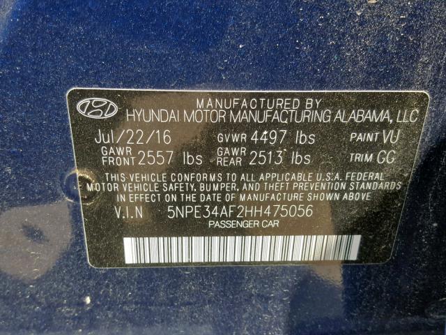 5NPE34AF2HH475056 - 2017 HYUNDAI SONATA SPO BLUE photo 10