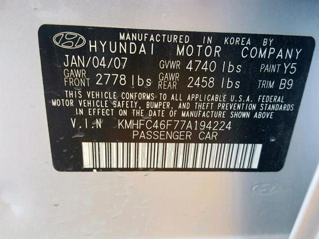 KMHFC46F77A194224 - 2007 HYUNDAI AZERA SE SILVER photo 10