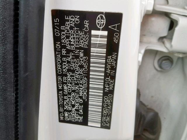 JTDKDTB35F1104573 - 2015 TOYOTA PRIUS C WHITE photo 10