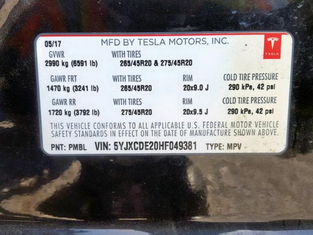 5YJXCDE20HF049381 - 2017 TESLA MODEL X BLACK photo 10