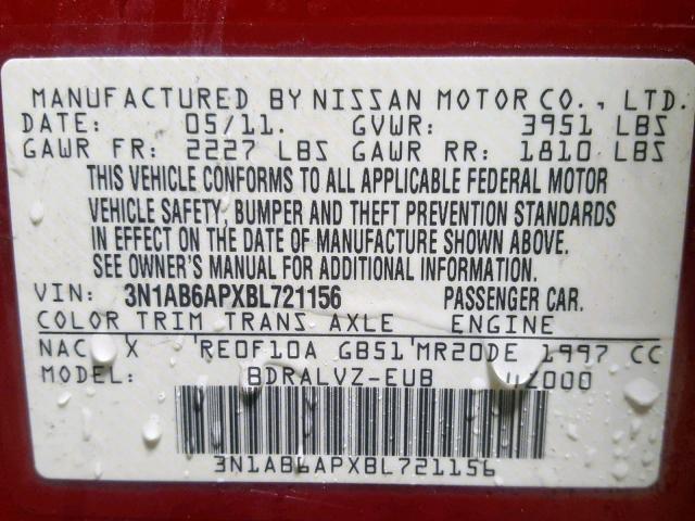 3N1AB6APXBL721156 - 2011 NISSAN SENTRA 2.0 RED photo 10