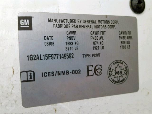 1G2AL15F977149592 - 2007 PONTIAC G5 WHITE photo 10