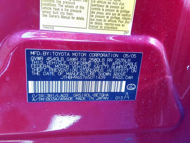 JTHBH96S765011439 - 2006 LEXUS GS 300 RED photo 10