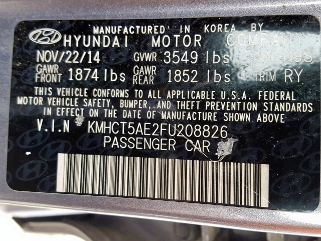 KMHCT5AE2FU208826 - 2015 HYUNDAI ACCENT GS GRAY photo 10