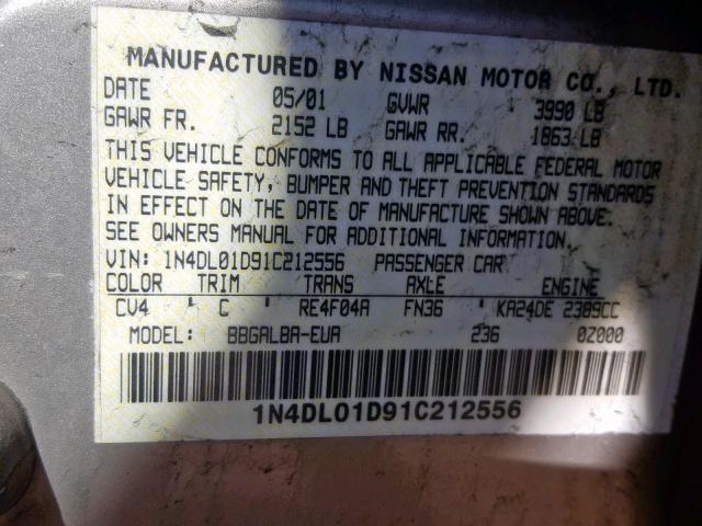 1N4DL01D91C212556 - 2001 NISSAN ALTIMA XE GOLD photo 10