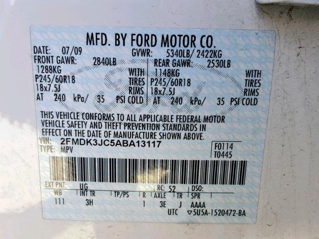 2FMDK3JC5ABA13117 - 2010 FORD EDGE SEL WHITE photo 10