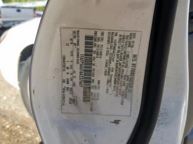 1FAFP56U76A237669 - 2006 FORD TAURUS SEL WHITE photo 10