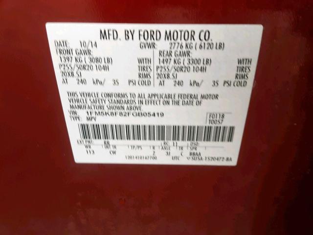 1FM5K8F82FGB05419 - 2015 FORD EXPLORER L RED photo 10