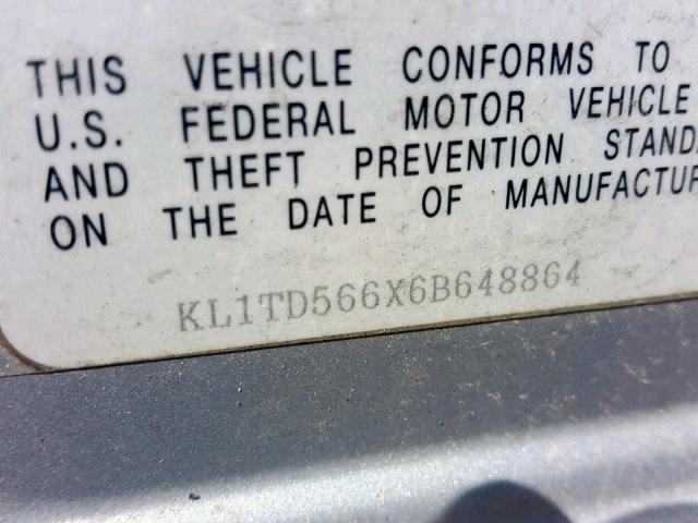 KL1TD566X6B648864 - 2006 CHEVROLET AVEO BASE ნაცრისფერი ფოტო 10