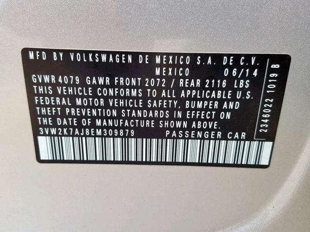 3VW2K7AJ8EM309879 - 2014 VOLKSWAGEN JETTA BASE SILVER photo 10